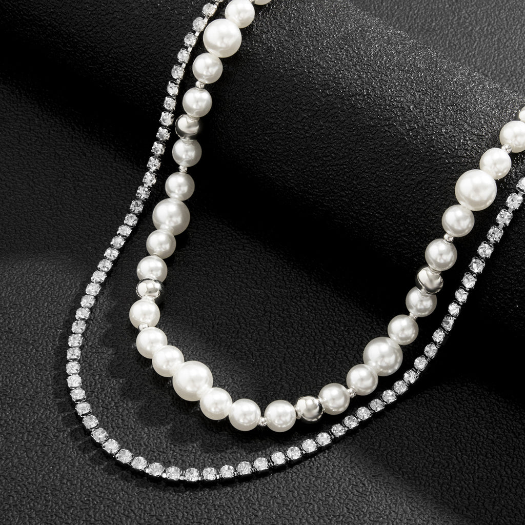Fashion Stitching Double Pearl and Diamond Chain Necklace